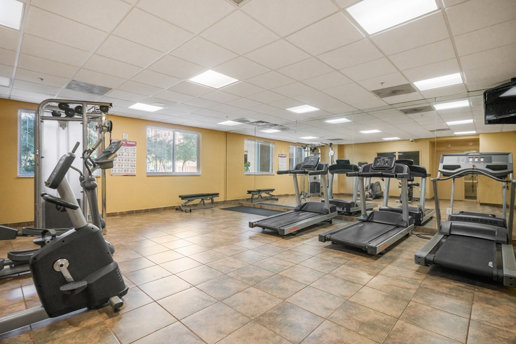 a gym with treadmills and other exercise equipment