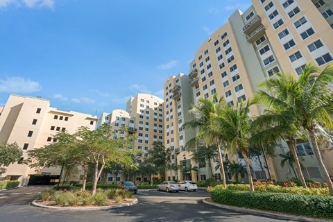 a row of apartment buildings with palm trees in front of them
