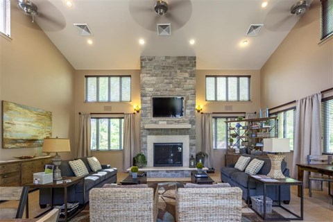 a living room with a fireplace and a television
