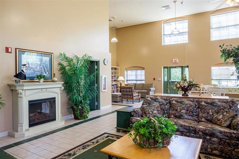 a living room with a fireplace and a couch