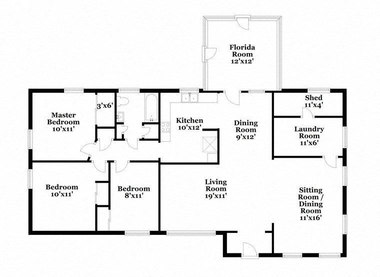 a floor plan of a house with two bedrooms and a living room and a kitchen