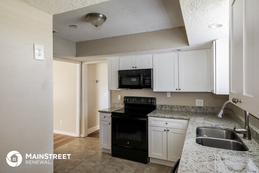 a kitchen with white cabinets and black appliances