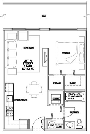 Bachelor, one bathroom apartment layout at Summerhill 3 in Nanaimo, BC