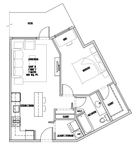 One bedroom, one bathroom apartment layout at Summerhill 3 in Nanaimo, BC