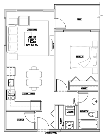 One bedroom, one bathroom apartment layout at Summerhill 3 in Nanaimo, BC