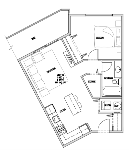 One bedroom, one bathroom apartment layout at Summerhill 3 in Nanaimo, BC