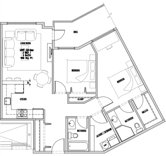 Two bedroom, two bathroom apartment layout at Summerhill 3 in Nanaimo, BC