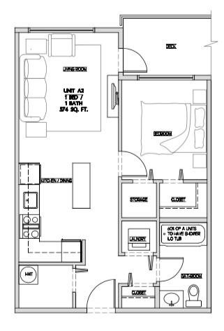 One bedroom, one bathroom apartment layout at Summerhill 3 in Nanaimo, BC