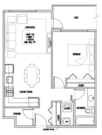 One bedroom, one bathroom apartment layout at Summerhill 3 in Nanaimo, BC