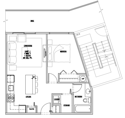 One bedroom, one bathroom apartment layout at Summerhill 3 in Nanaimo, BC