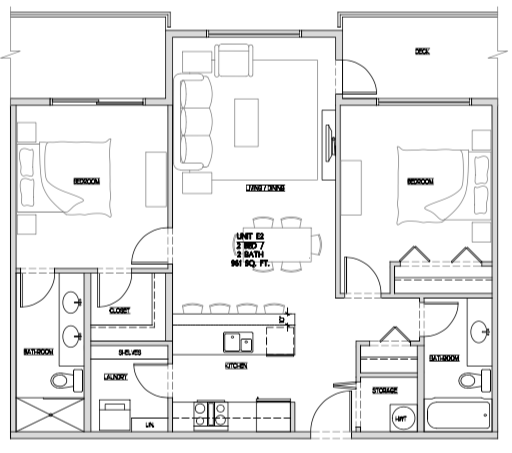 Two bedroom, two bathroom apartment layout at Summerhill 3 in Nanaimo, BC