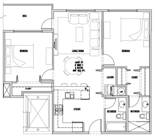 Two bedroom, two bathroom apartment layout at Summerhill 3 in Nanaimo, BC