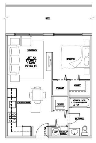 One bedroom, one bathroom apartment layout at Summerhill 3 in Nanaimo, BC