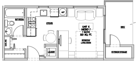 Bachelor, one bathroom apartment layout at Summerhill 3 in Nanaimo, BC