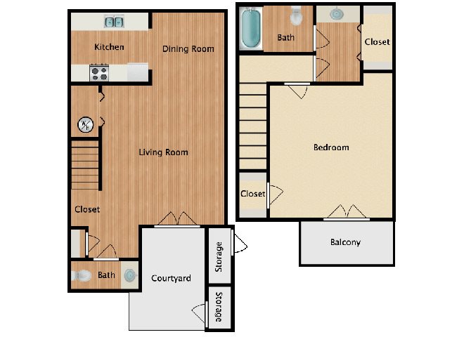 1 Bed 1.5 Bath Floor Plan 1