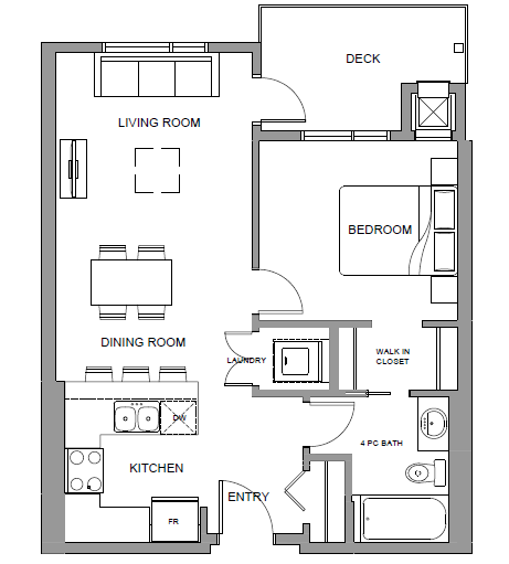 One bedroom, one bathroom apartment layout at Glenmore Central in Kelowna, BC