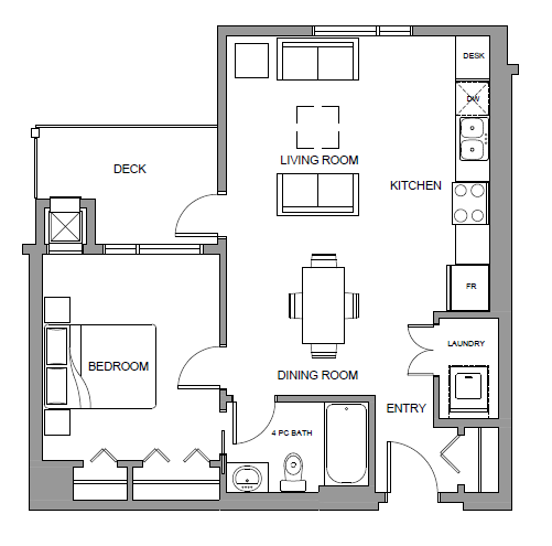 One bedroom, one bathroom apartment layout at Glenmore Central in Kelowna, BC