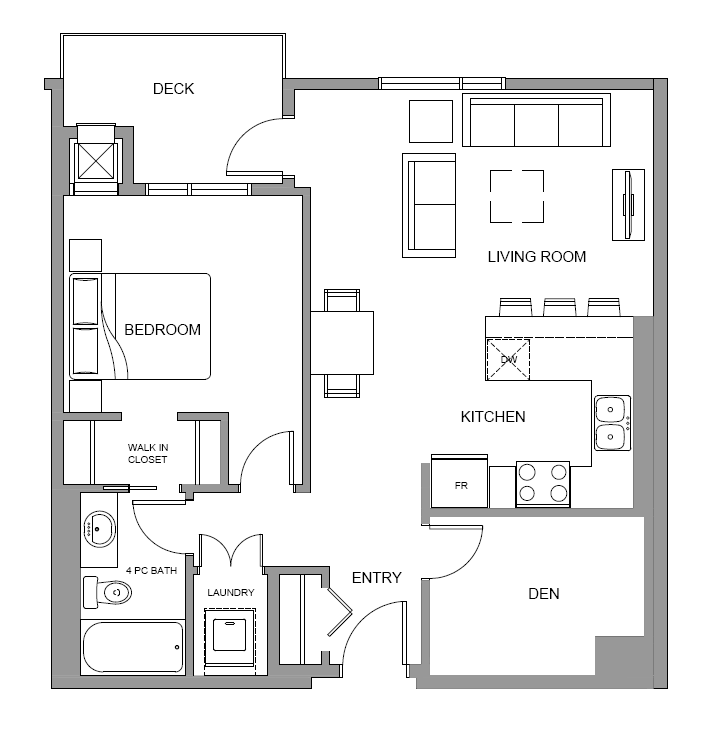 One bedroom plus den, one bathroom apartment layout at Glenmore Central in Kelowna, BC