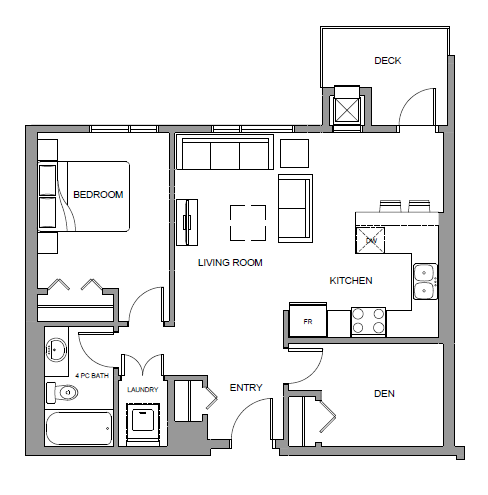 One bedroom plus den, one bathroom apartment layout at Glenmore Central in Kelowna, BC
