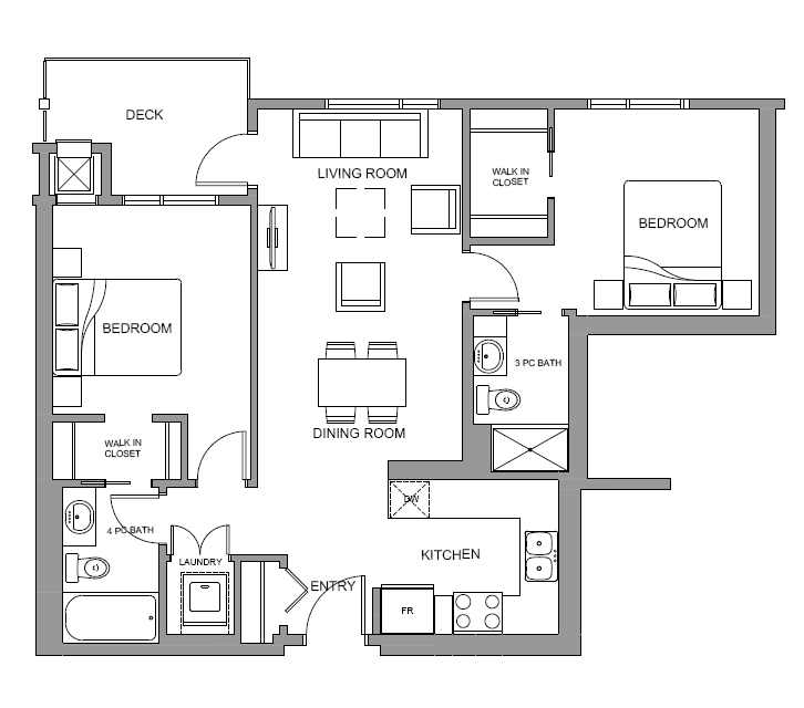 Two bedroom, two bathroom apartment layout at Glenmore Central in Kelowna, BC