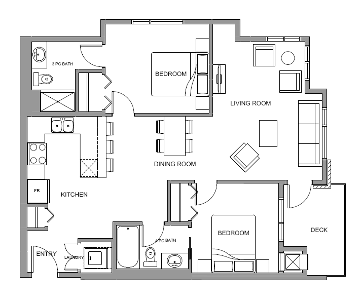 Two bedroom, two bathroom apartment layout at Glenmore Central in Kelowna, BC
