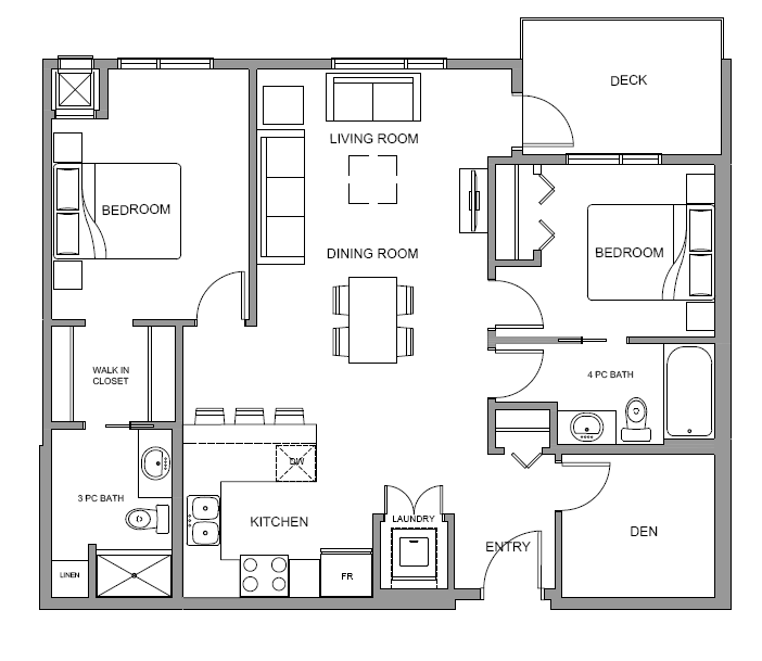 Two bedroom, two bathroom apartment layout at Glenmore Central in Kelowna, BC