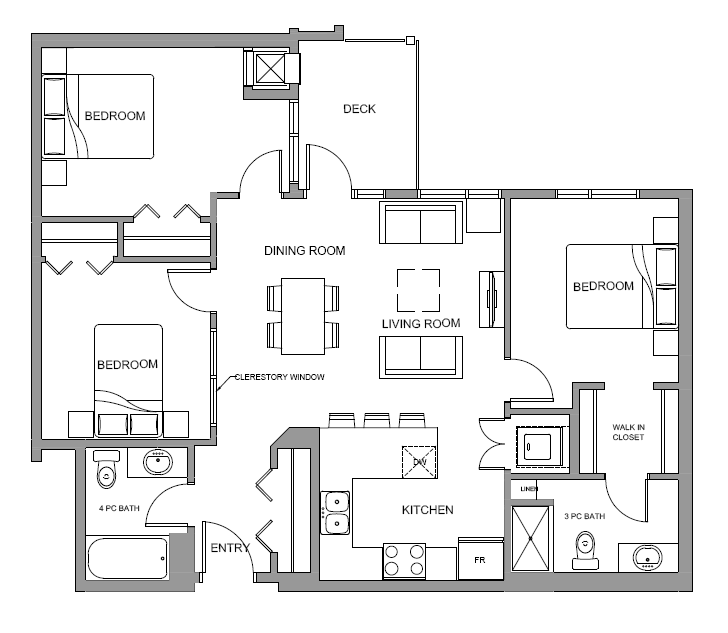 Three bedroom, two bathroom apartment layout at Glenmore Central in Kelowna, BC