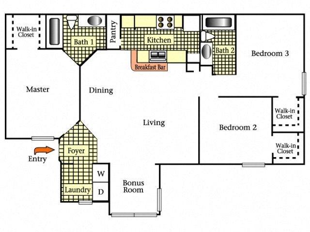 Three Bedrooms Two Bath Floor Plan 3