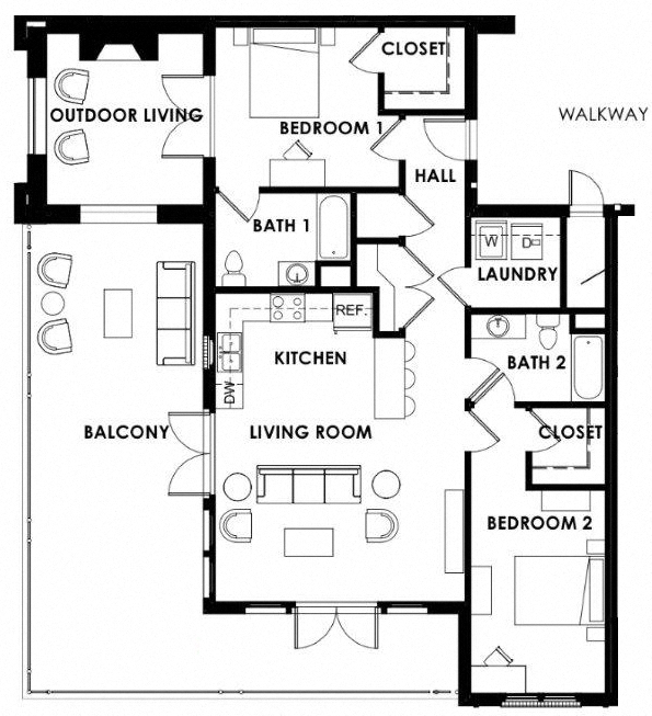 Deluxe floor plan for The Balcony apartments in Tuscaloosa, AL featuring a large wraparound balcony.