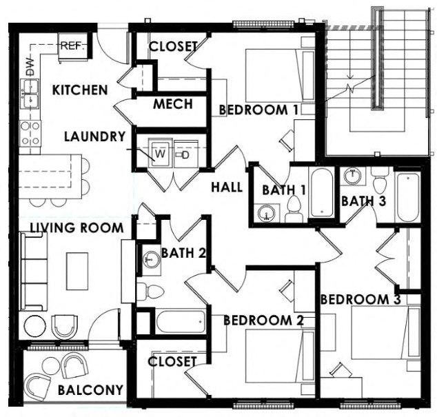Floor plan for The Balcony apartments in Tuscaloosa, AL. Spacious 3 bedroom 3 bath unit shown.