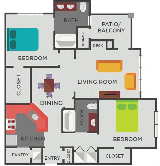 2 bed 2bath B4 Floor Plan at The Berkeley Apartments, Georgia, 30096
