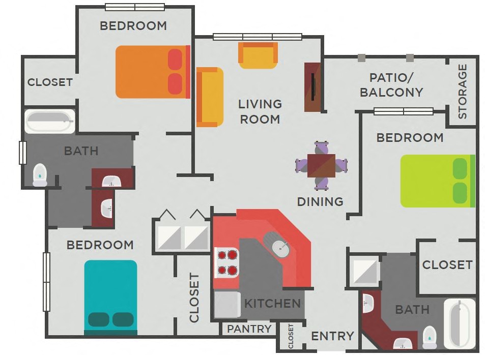 3 bed 2bath C1 Floor Plan  at The Berkeley Apartments, Georgia, 30096