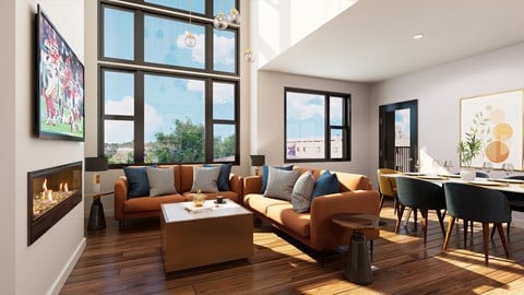 a rendering of a living room with couches and a table with chairs