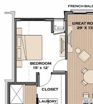 1 Bed, 1 Bath, 784 sq. ft. The Commons