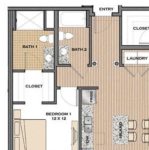 2 Bed, 2 Bath, 1080 sq. ft. The Square