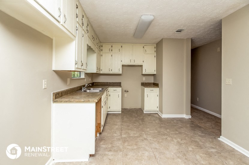 an empty kitchen with white cabinets and a counter top