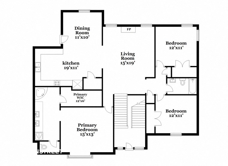 a floor plan of a house with two floors and a staircase