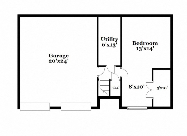 floor plan of the first level of the house with an open area and a garage