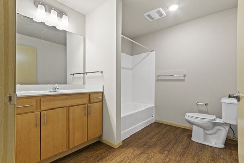 a bathroom with a toilet sink and shower and a mirror