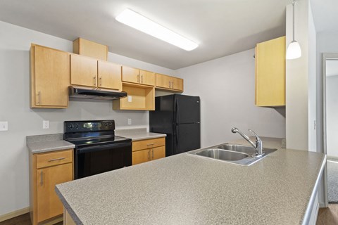a kitchen with a counter top and a sink