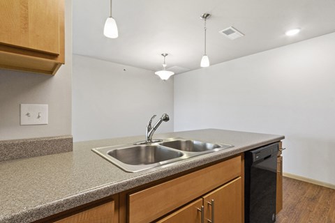 a kitchen with a stainless steel sink and wooden cabinets