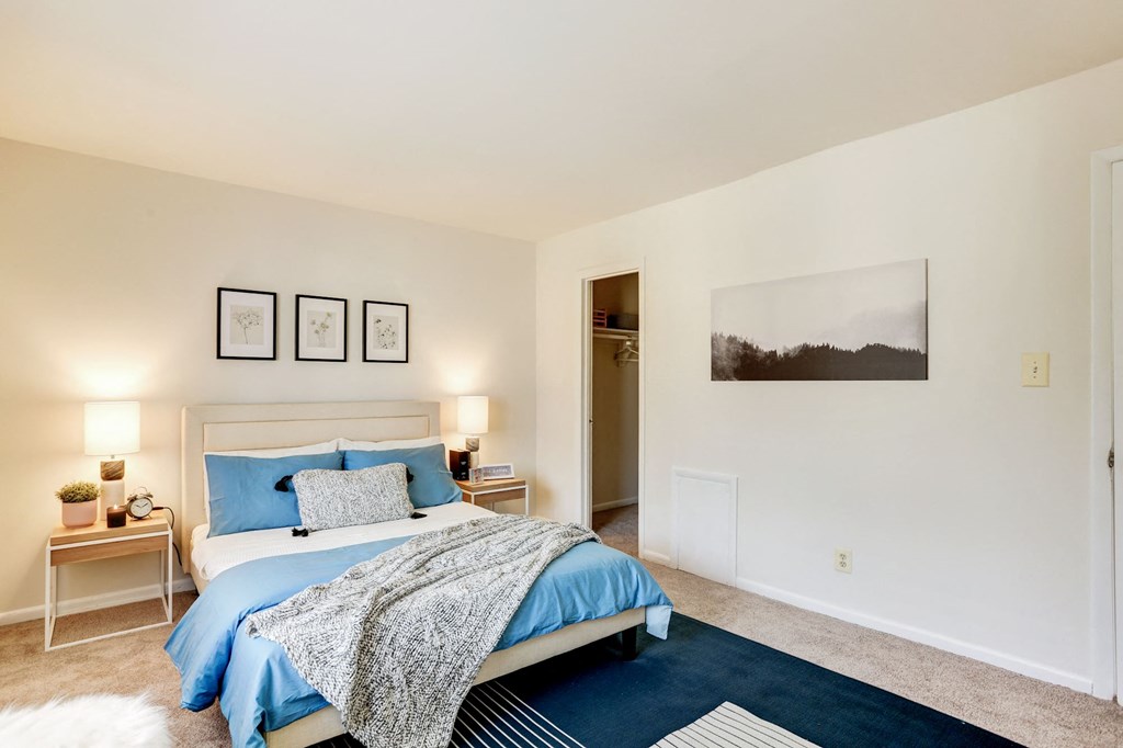 a bedroom with a bed and a closet