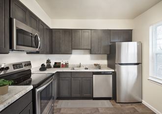 a kitchen with stainless steel appliances and dark cabinets