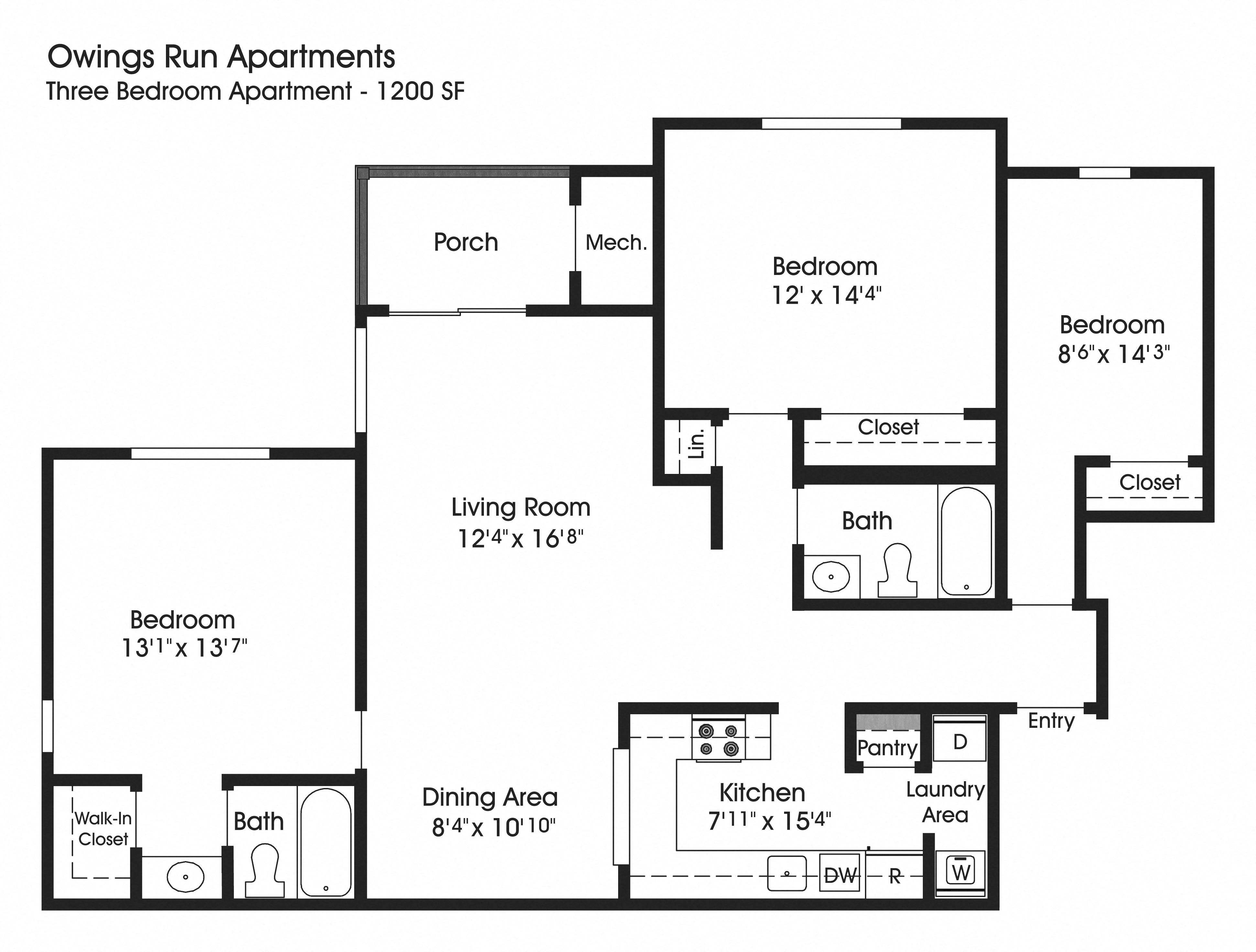 3BR 2BA (1200sf)