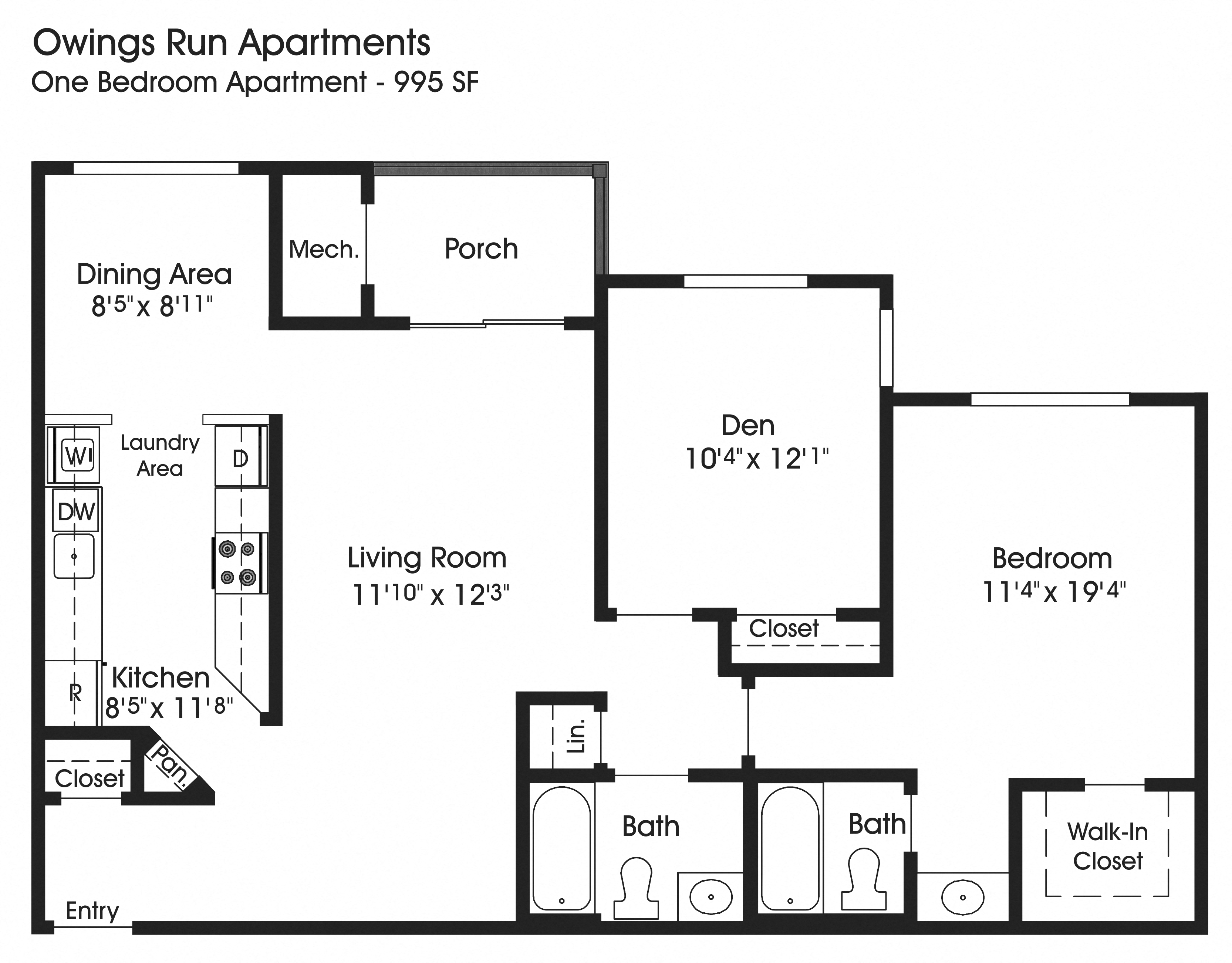 1BR 2BA w/Den  (995sf)