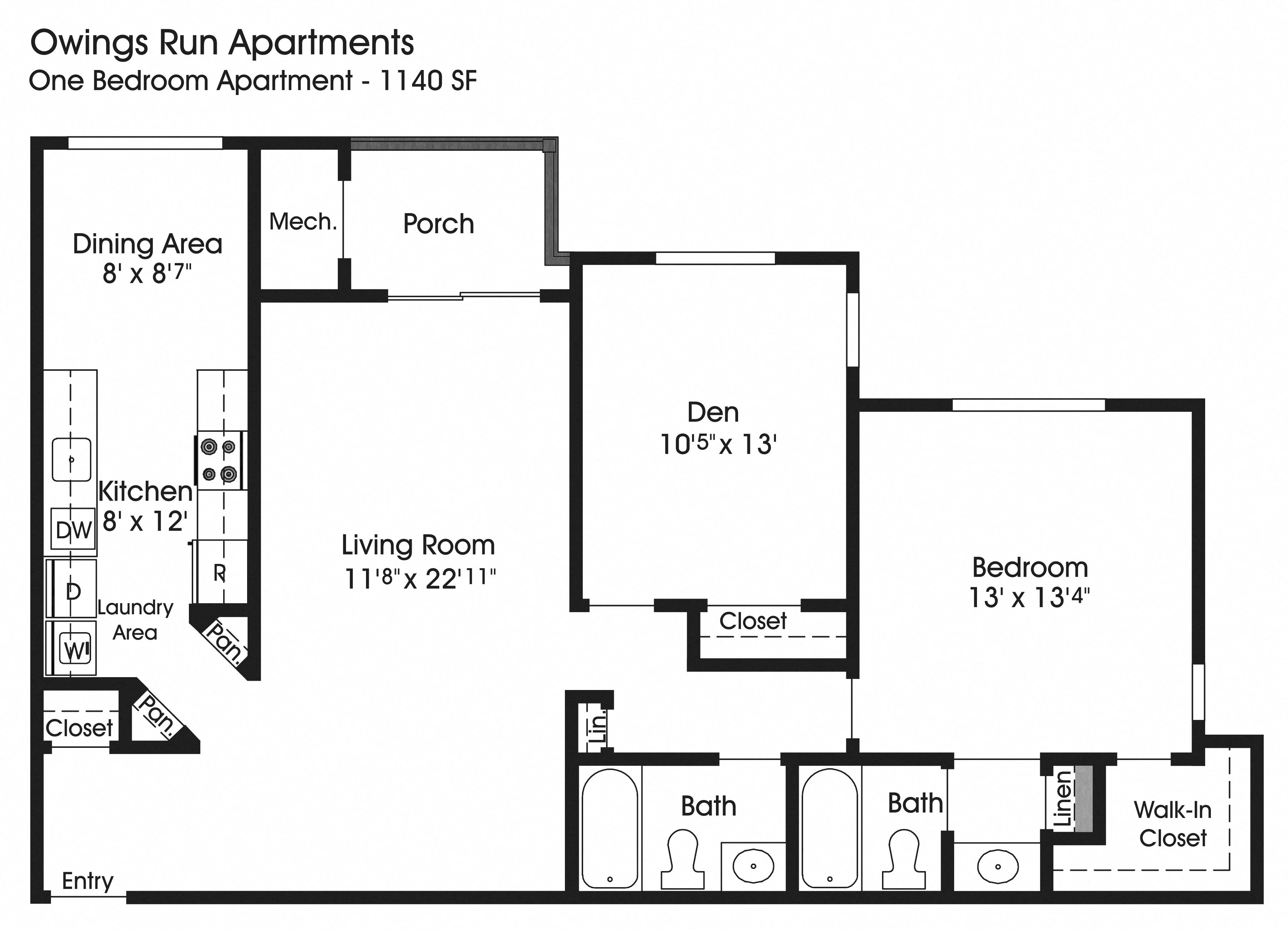 1BR 2BA w/Den (1040sf)