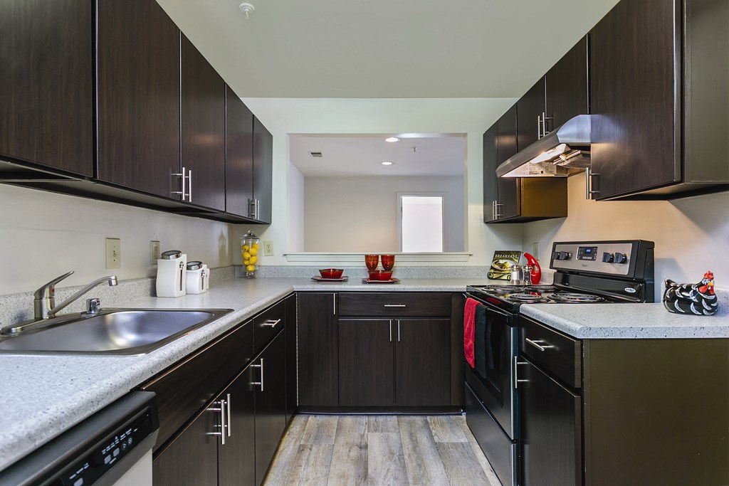 a kitchen with black cabinets and a sink and a stove