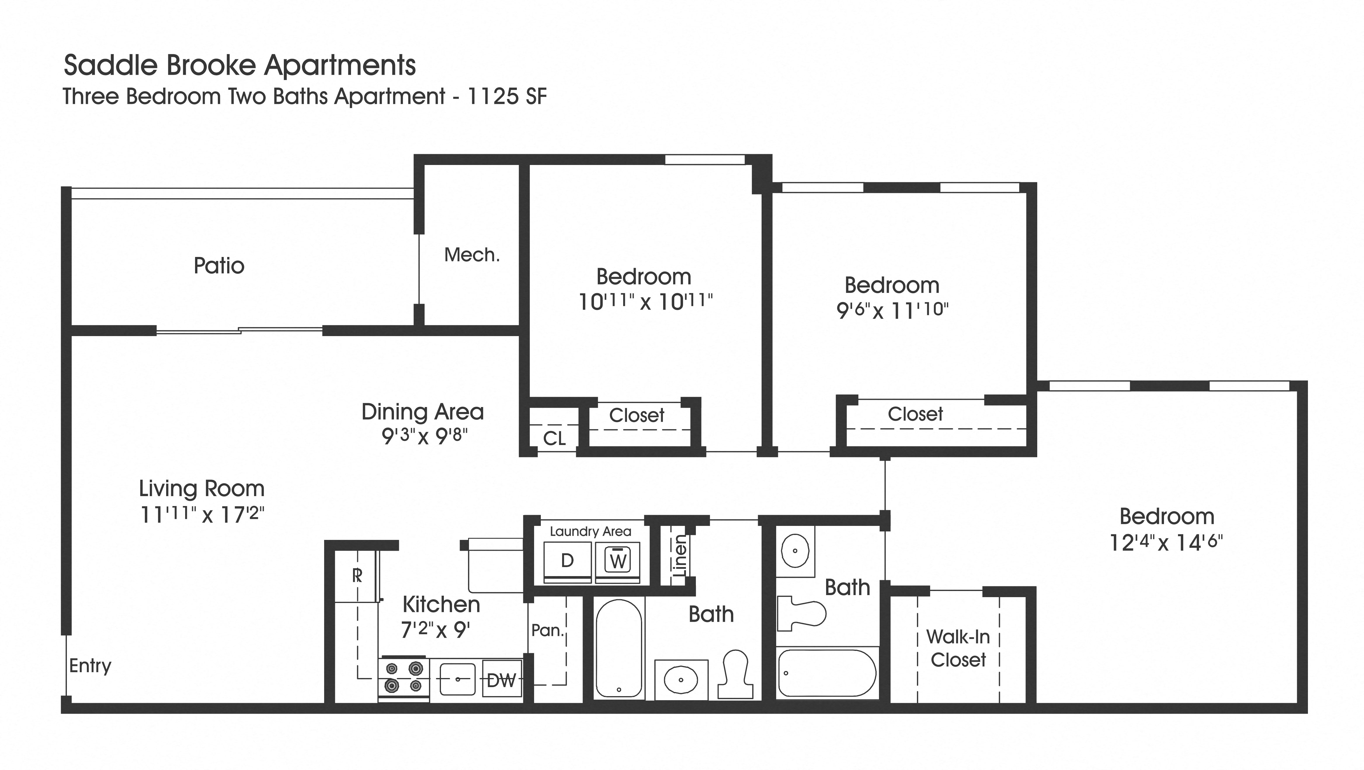 3 Bedroom Floor Plan at The Apartments at Saddle Brooke, Cockeysville, Maryland