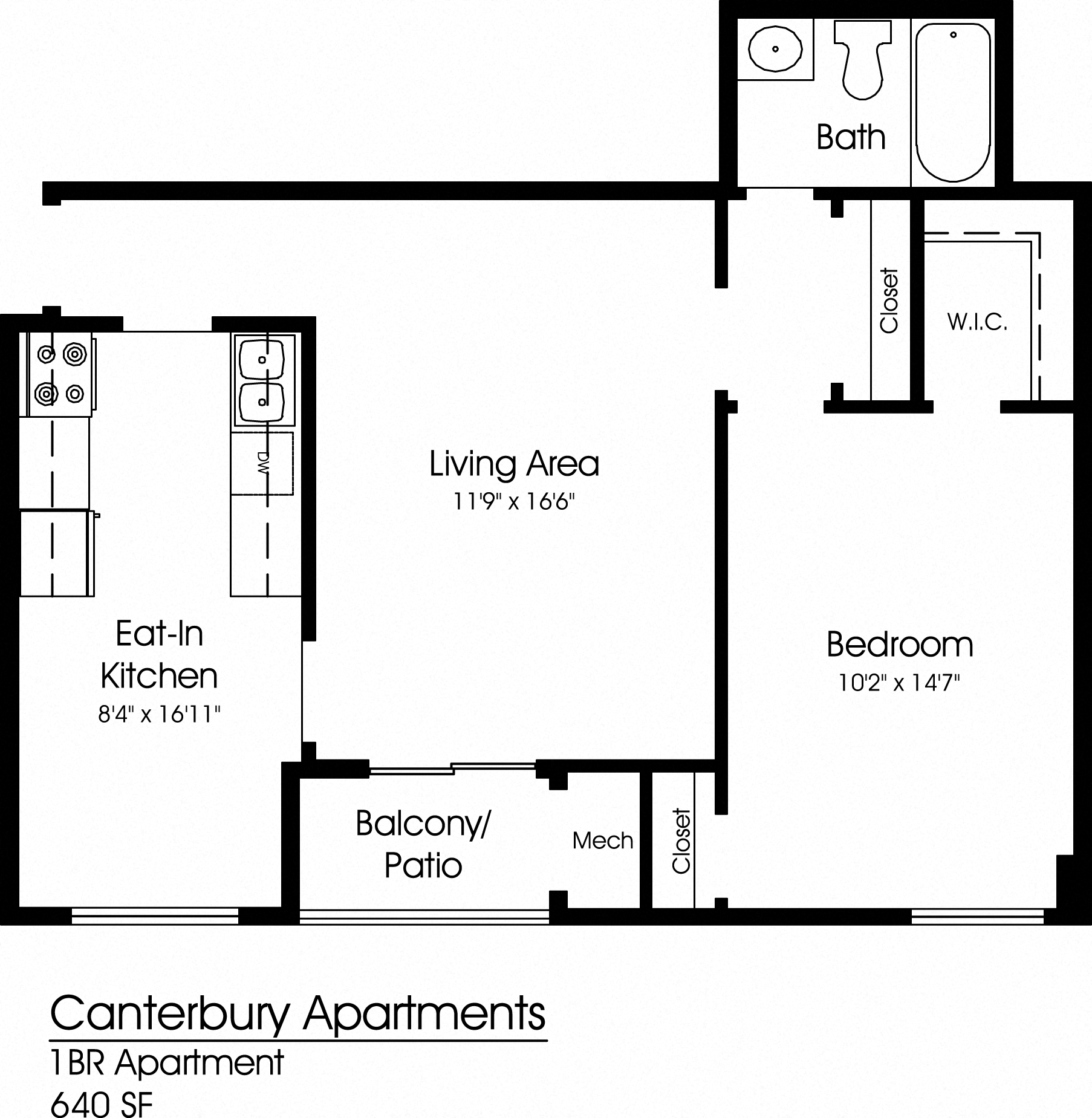 1 Bedroom Floor Plan at The Apartments at Canterbury, Rosedale, MD, 21237