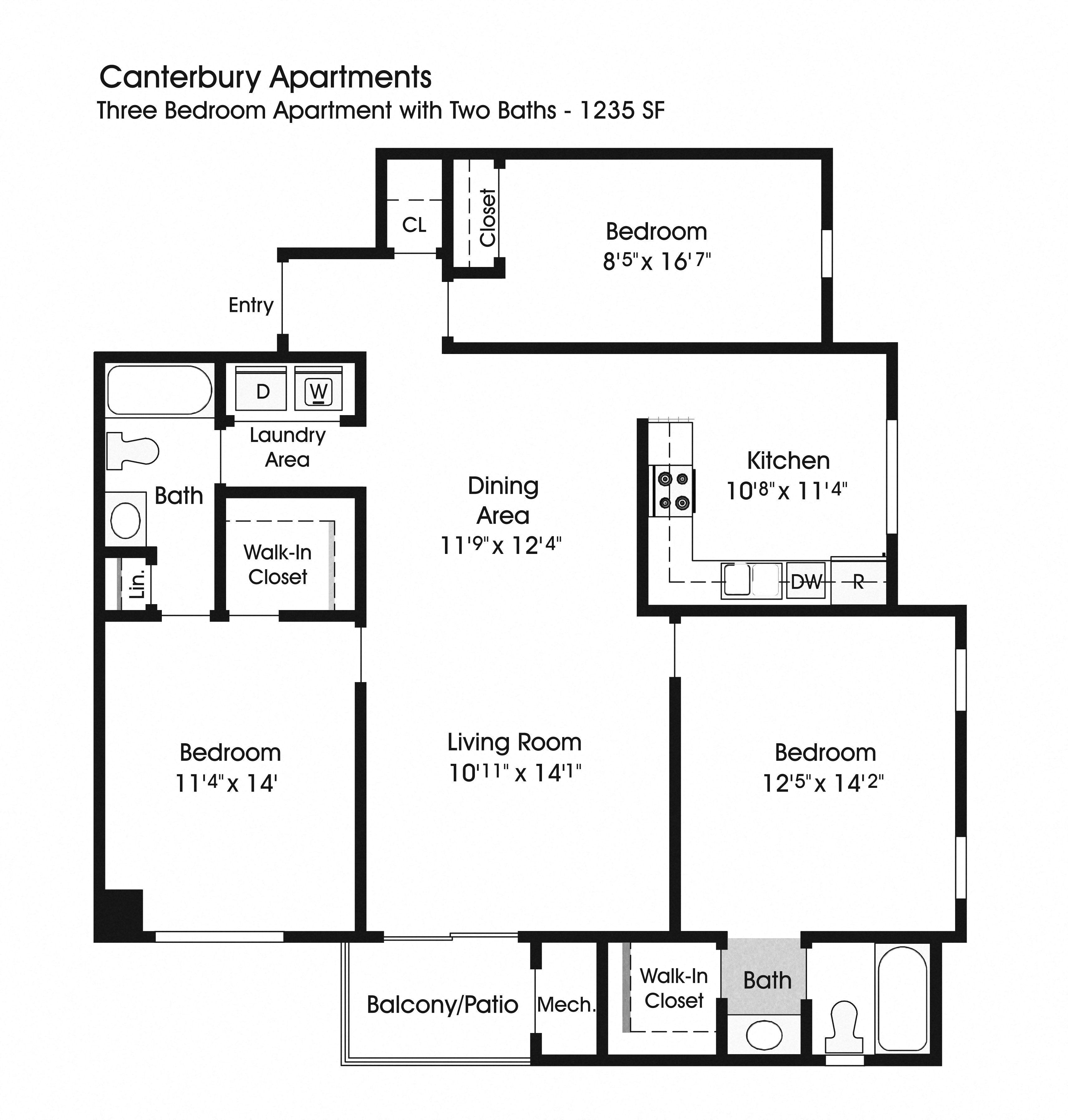 3 Bed 2 Bath Floor Plan at The Apartments at Canterbury, Maryland, 21237